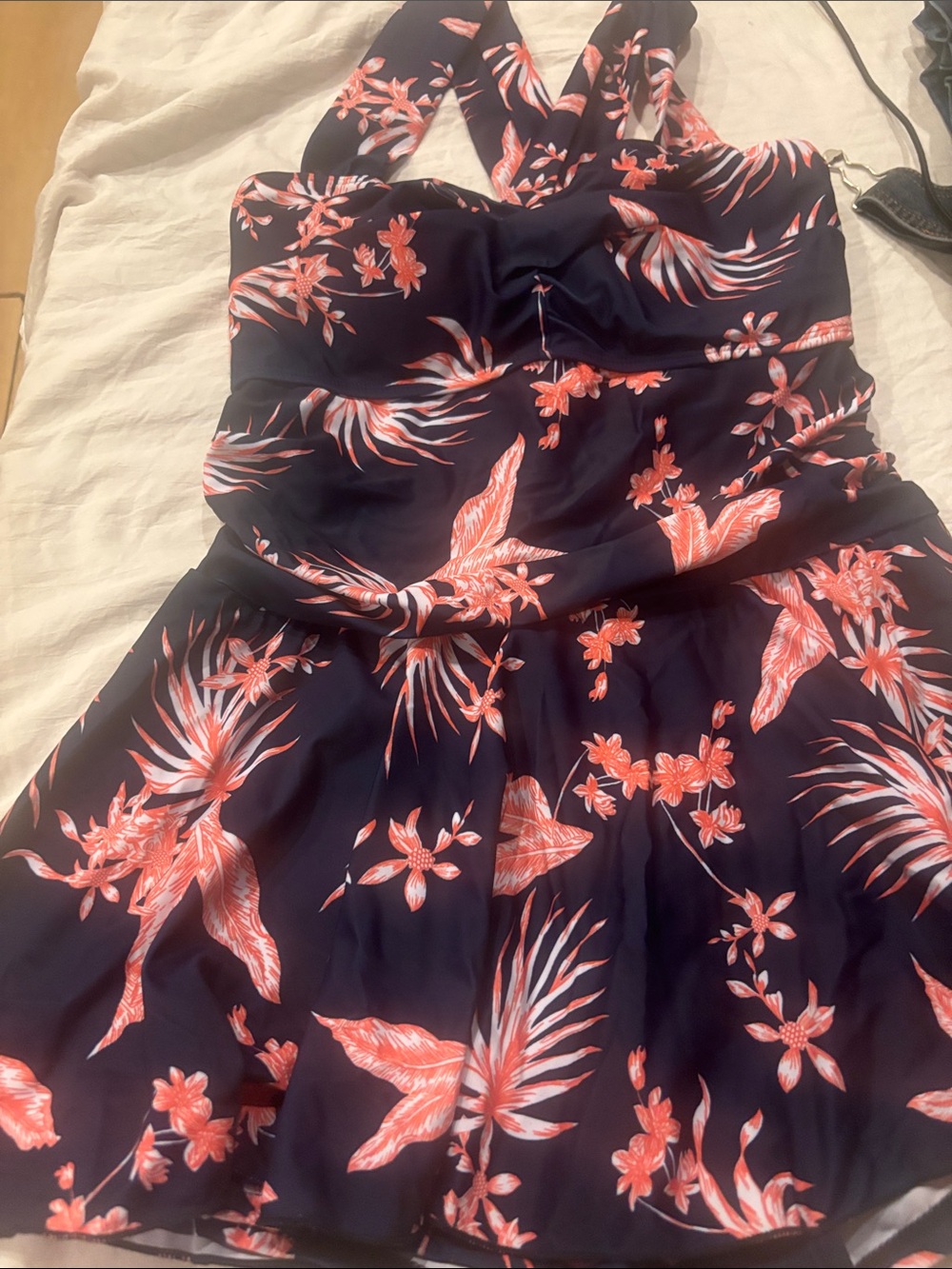 Summer Mae Navy Floral Halter Romper with Coral Prints one piece swimsuit .